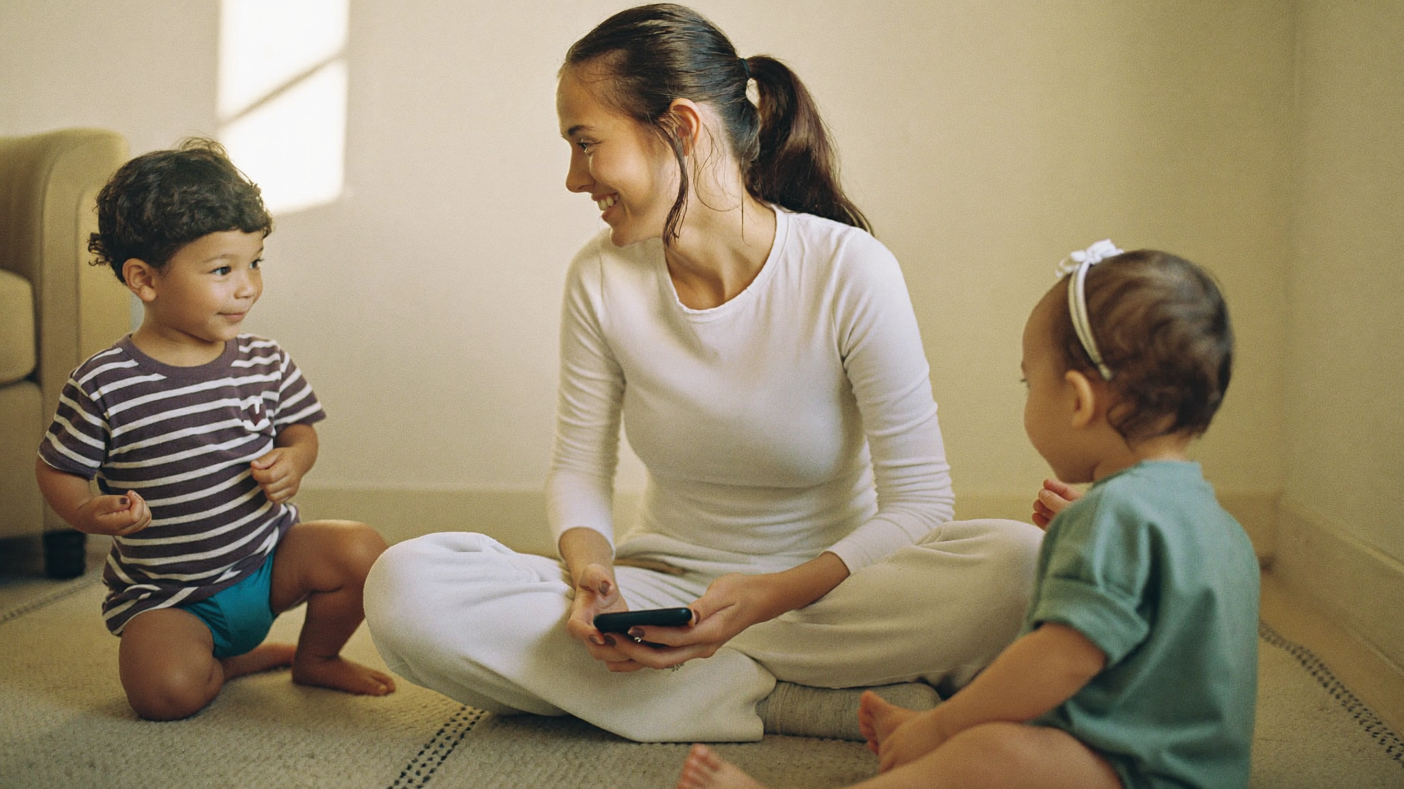 A mom setting her phone aside and sharing a warm moment with her two young children