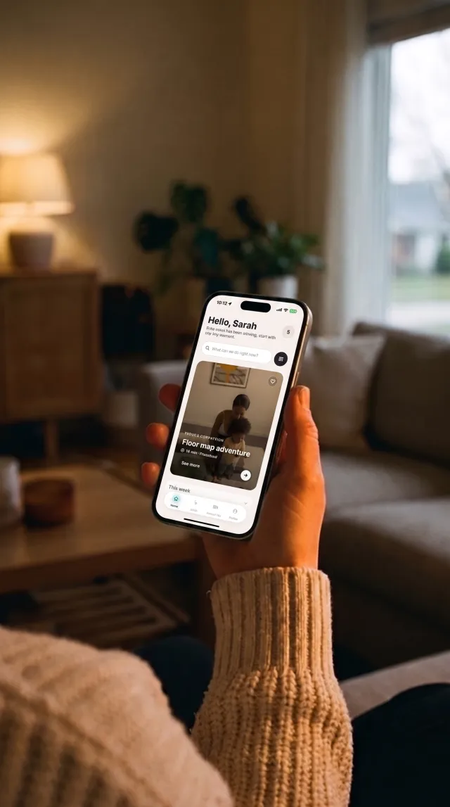 A hand holding an iPhone showing an Eyes Up Mom activity suggestion