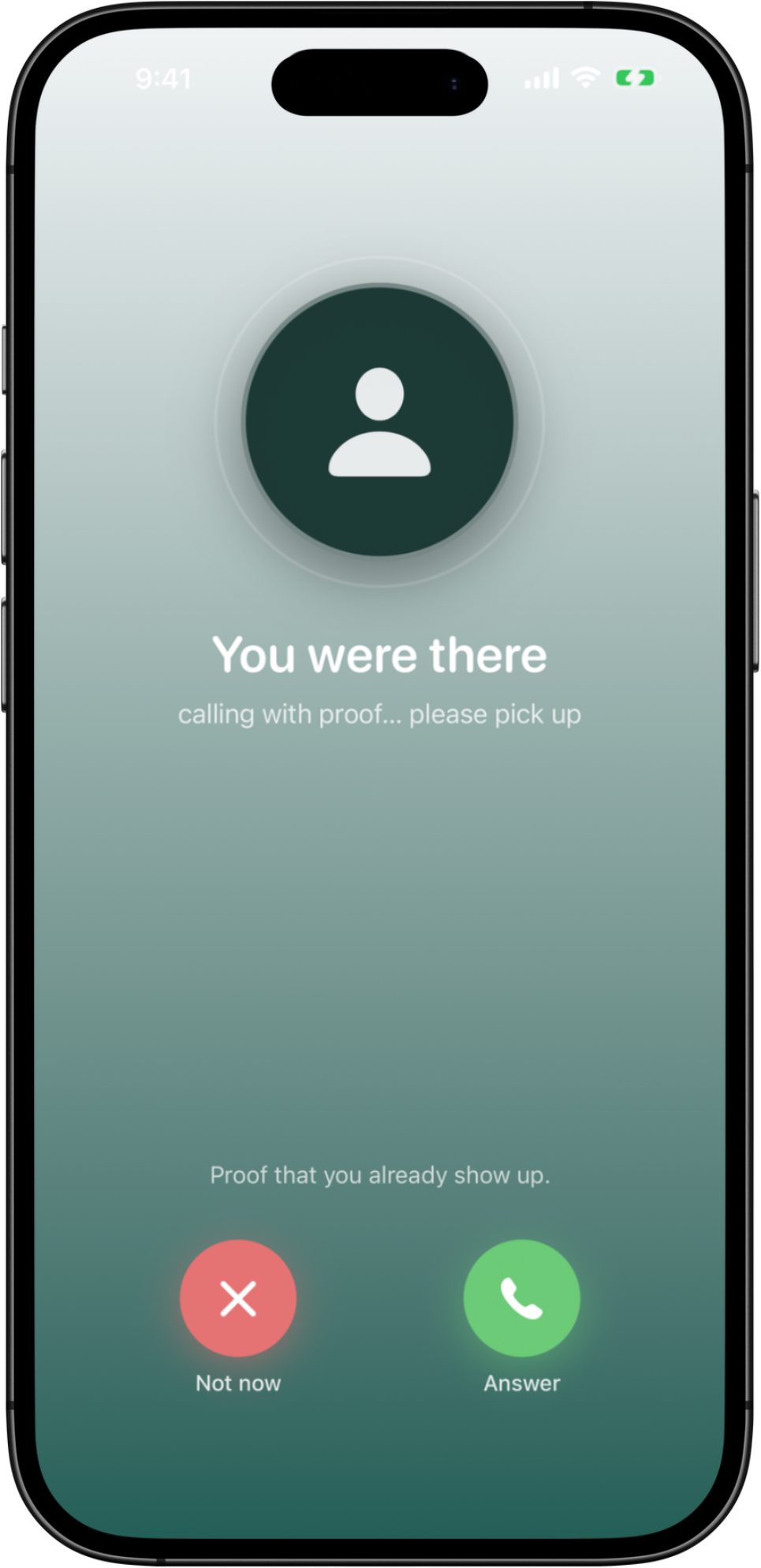 Eyes Up Mom's Future You reminder appearing as an incoming call with Answer and Not now buttons